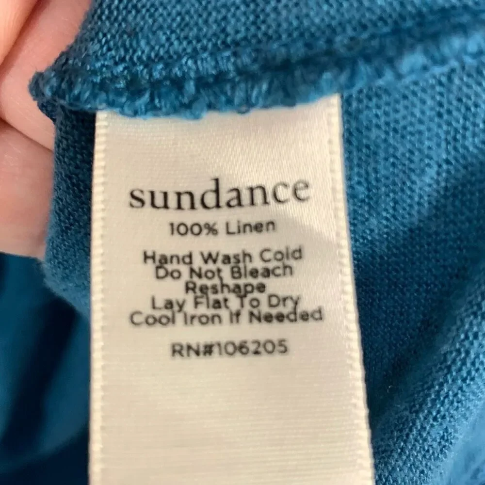 Sundance Women's Frayed Neck Linen 3/4 Sleeve Top Blue Size Medium
